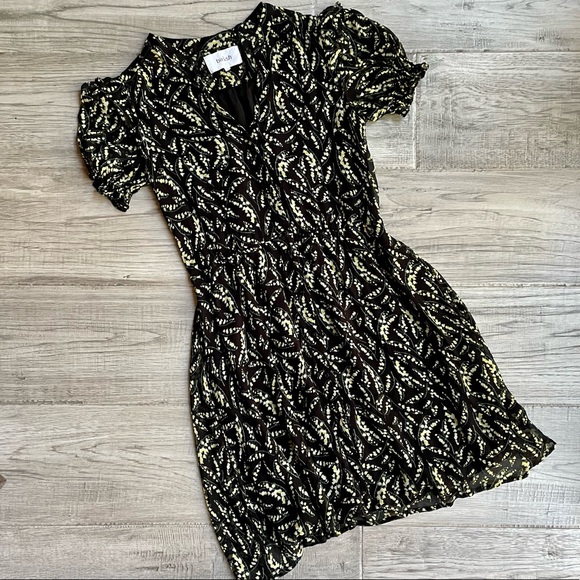 BA&SH Matcha Floral Mini Dress Noir Flowy Ruffles Elastic Waist BLK/Yellow SZ 4 - Picture 2 of 16